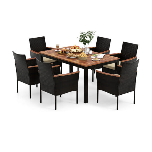 7 Pieces Rattan Patio Dining Set with Stackable Chairs and Umbrella Hole - Color: Beige D681-HW71505BN+