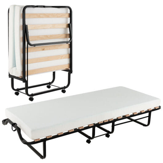 Twin Size Folding Bed with Foam Mattress and Lockable Wheels - Color: Black & White D681-HU10423