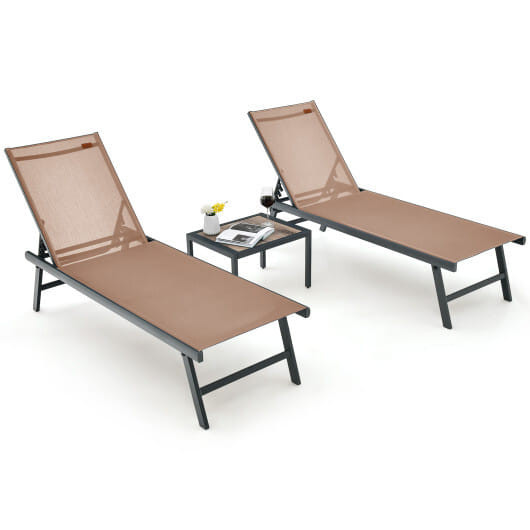 3 Pieces Patio Chaise Lounge Chair and Table Set for Poolside Yard-Brown - Color: Brown D681-NP11119CF
