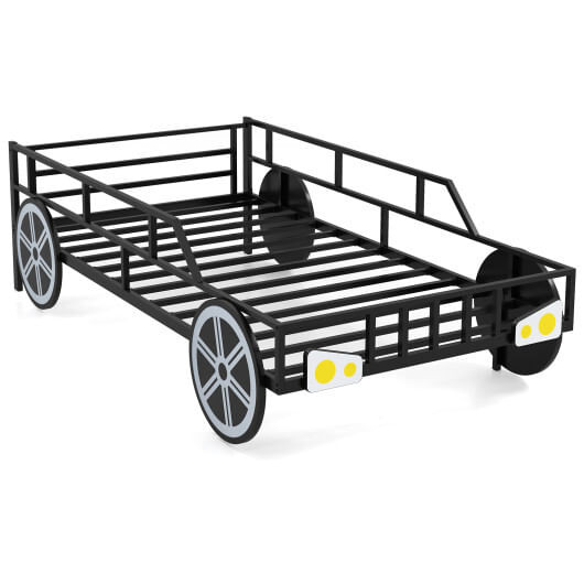 Twin-Size Kids Metal Bed Frame Car-Shaped with Safety Guardrails-Twin Size - Color: Black - Size: T D681-HU10953DK-T