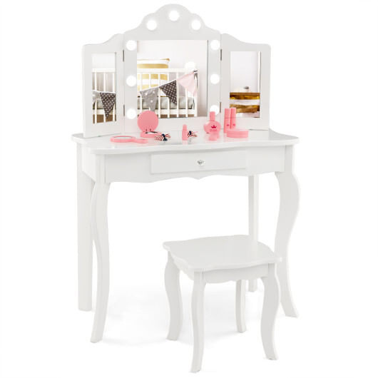 Kid Vanity Table Stool Set with Tri-Folding Mirror and 3-Color LED Lights-White - Color: White D681-HY10235US-WH