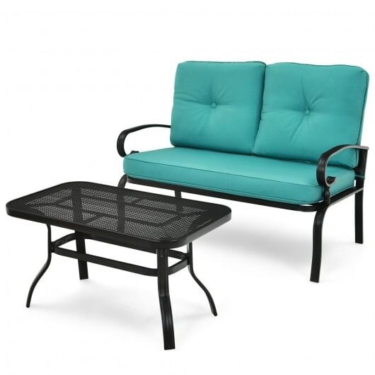 2PCS Patio Loveseat Bench Table Furniture Set with Cushioned Chair-Turquoise - Color: Turquoise D681-NP10179TU