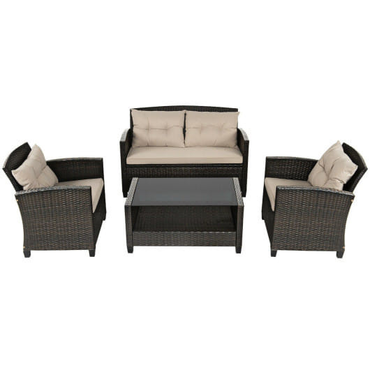 4 Pieces Outdoor Rattan Furniture Set with Glass Table - Color: Brown D681-HW68640B+