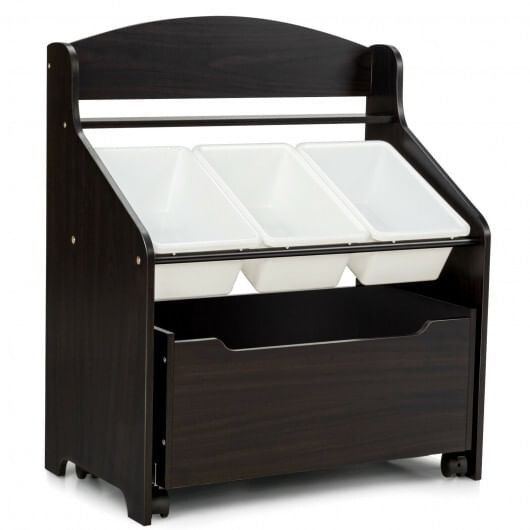 Kids Wooden Toy Storage Unit Organizer with Rolling Toy Box and Plastic Bins-Espresso - Color: Dark D681-HW66456CF