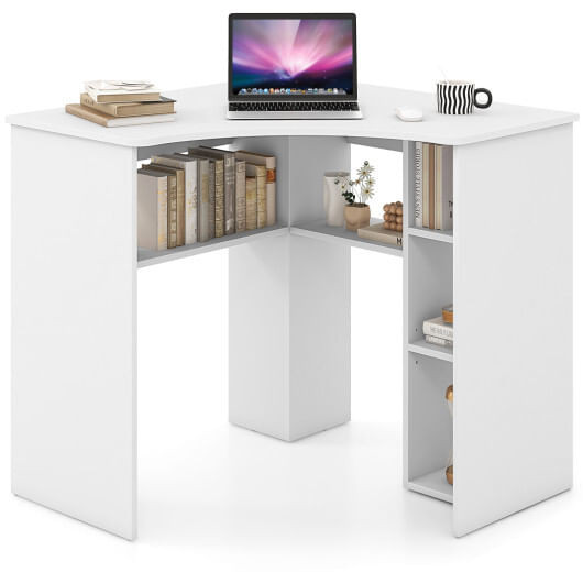Corner Computer Desk Triangle Home Office Desk with Adjustable Shelf and Arc-Shaped Profile-White - D681-JV11699WH