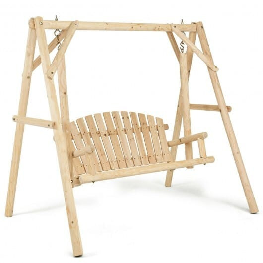 Outdoor Wooden Porch Bench Swing Chair with Rustic Curved Back - Color: Natural D681-OP3701+