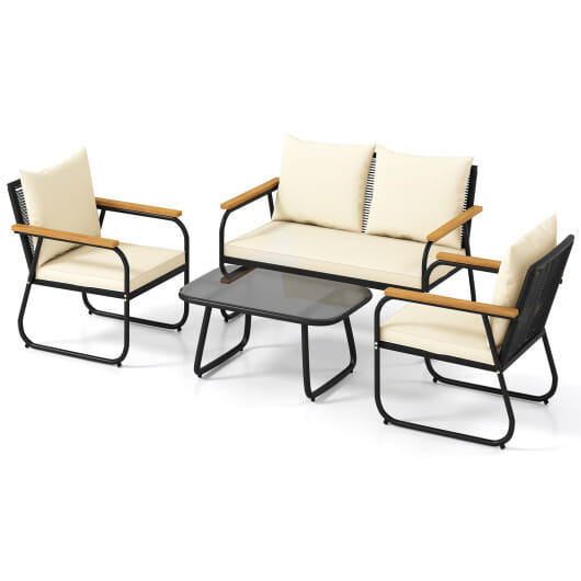 4 Pieces Patio Furniture Set with Tempered Glass Coffee Table - Color: Off White D681-HW74043WH+