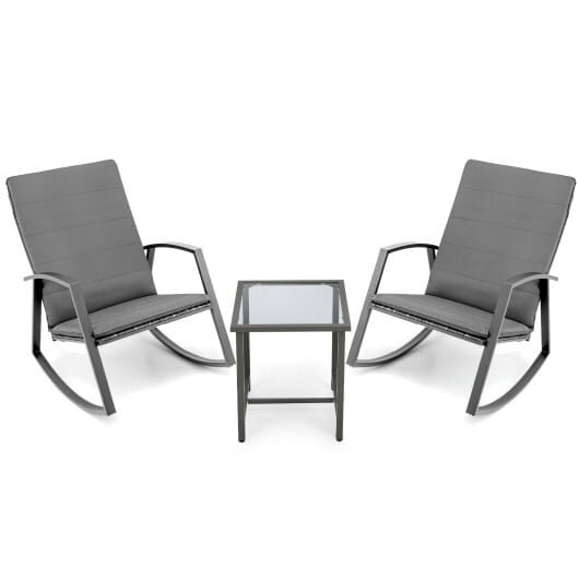 3 Pieces Patio Rattan Rocking Furniture Set-Gray - Color: Gray D681-NP10512GR