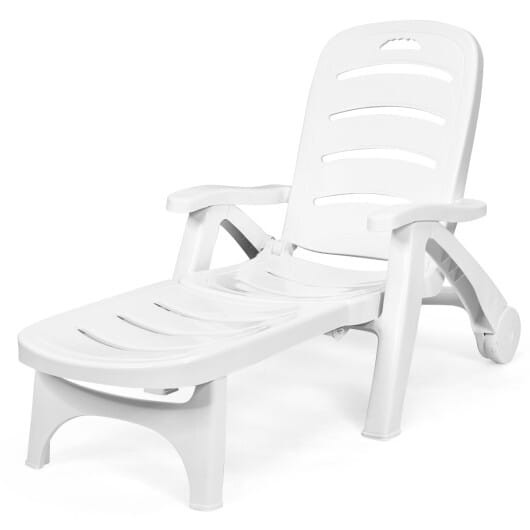 5 Position Adjustable Folding Lounger Chaise Chair on Wheels - Color: White D681-NP10819WH