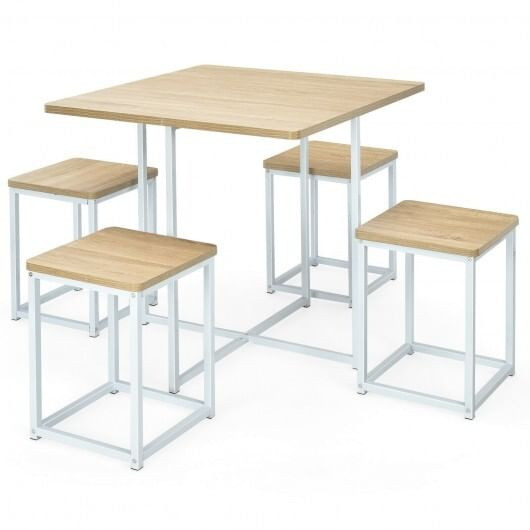 5 Pieces Metal Frame Dining Set with Compact Dining Table and 4 Stools-Natural - Color: Natural D681-HW66632NA