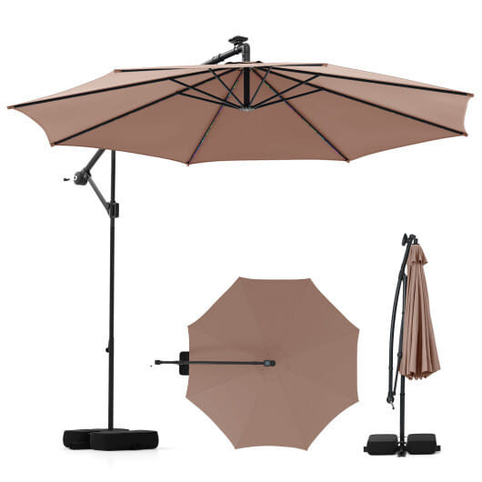 10 Feet Solar Offset Hanging Umbrella with Base and LED Lights-Coffee - Color: Coffee D681-NP12389CF