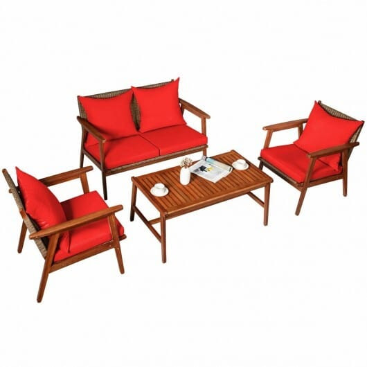 4 Piece  Acacia Wood Patio Rattan Furniture Set-Red - Color: Red D681-HW66517RE+