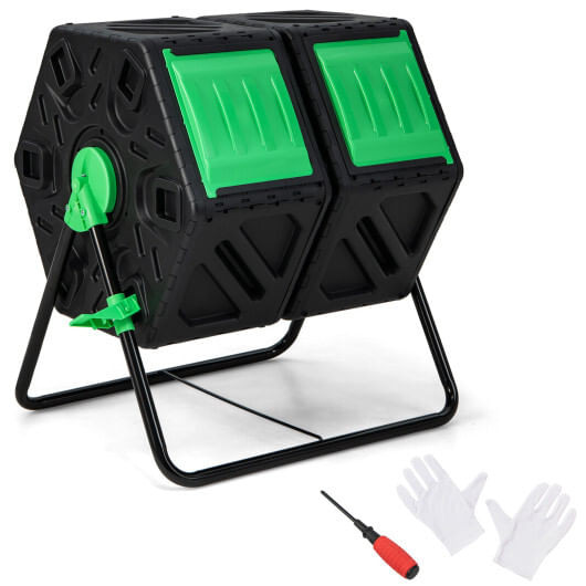 Dual Chamber Garden Compost Tumbler with Sliding Doors-Black & Green B593-GT4053