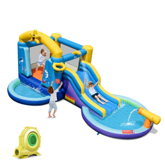 Inflatable Ocean-Themed Bounce House with 680W Blower and 2 Pools - Color: Blue D681-NP11016US
