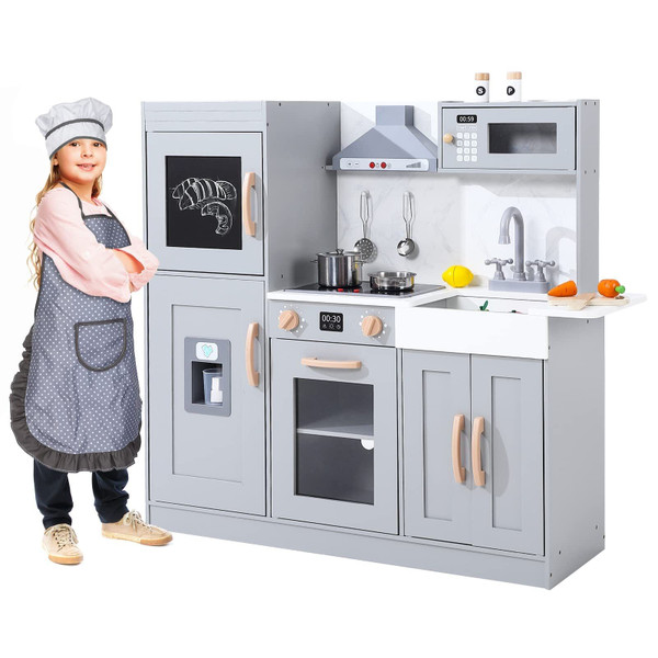 US YIWA Kids Kitchen Playset Wooden Chef Pretend Play Set Grey K484-PTO_0XMD7XUC_US