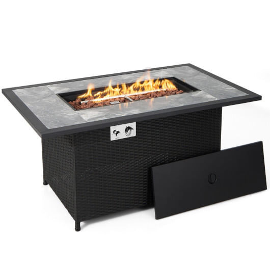 52 Inch Rattan Wicker Propane Fire Pit Table with Rain Cover and Lava Rock-Black B593-NP10343
