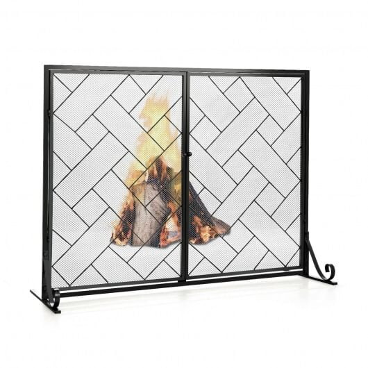 3-Panel Folding Wrought Iron Fireplace Screen with Doors and 4 Pieces Tools Set-Golden B593-JV10066