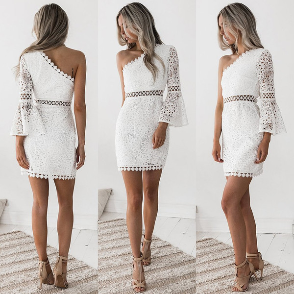 Sexy slanted shoulder lace stitching openwork long sleeve dress Q119-CJNSSYLY01699
