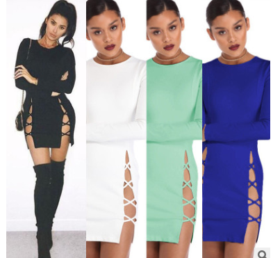 Sexy solid color dress long-sleeved mesh hollow bag hip skirt Q119-CJNSSYLY00503