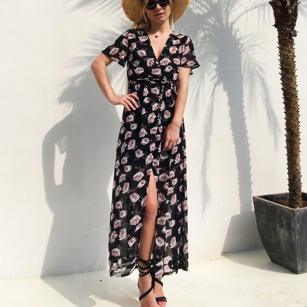 USA SIZE Printed sexy V-neck laced split beach dress long Q119-CJNSSYLY00401