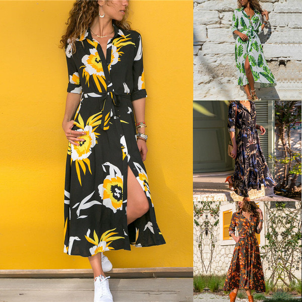 Single-breasted long-sleeved chiffon print with a large dress Q119-CJNSSYLY01966
