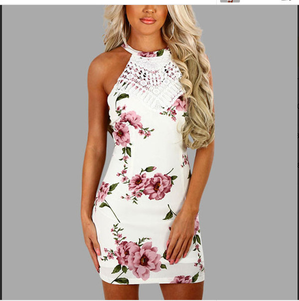 KANCOOLD Dress Womens Lace Patchwork Sleeveless Party Dress Halter Random Floral Print Mini fashion Q119-CJNSSYLY01421