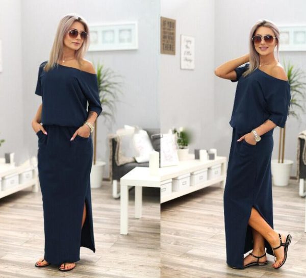 Color: Navy Blue, Size: L - ummer Long Maxi BOHO Evening Blue Q119-CJNSSYLY00153-Navy Blue-L