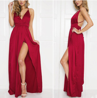Color: Wine Red, Size: USA S - USA SIZE Sexy Deep V-neck Halter Beach Dress Solid Color Bandage Lon Q119-CJNSSYLY00459-Wine Red-USA S