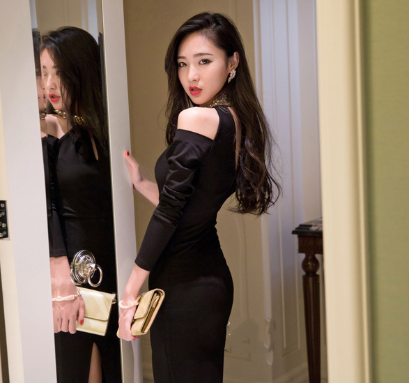Color: Black long sleeves, Size: L - Summer new sexy ladies hanging neck hollow strapless long-slee Q119-CJNSSYLY01245-Black long sleeves-L