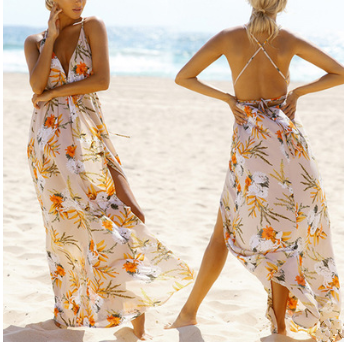 Color: 04, Size: USA L - USA SIZE Sexy Deep V-neck Halter Beach Dress Solid Color Bandage Long Dress Q119-CJNSSYLY00459-04-USA L