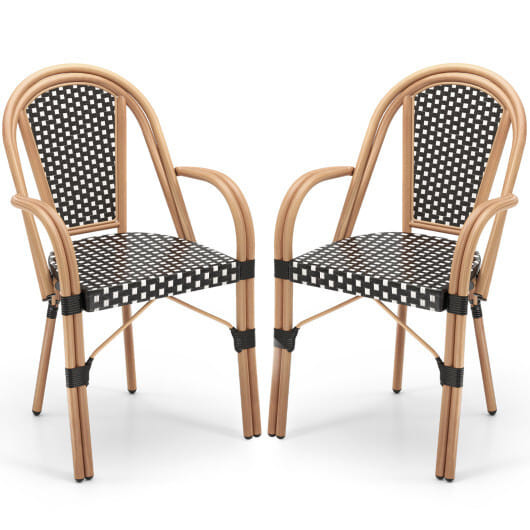 Hand-Woven PE Wicker Outdoor French Bistro Chairs Set of 2-Black - Color: Black D681-NP12056DK-2