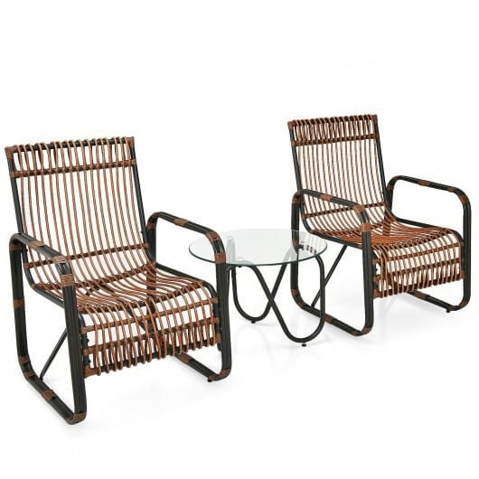 3 Pieces Patio Rattan Furniture Set with 2 Single Wicker Chairs and Glass Side Table - Color: Brown D681-HW64404