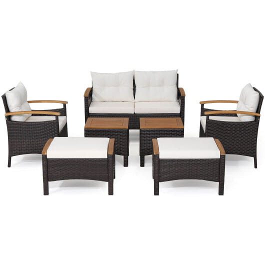 7 Piece Rattan Patio Sofa Set with Acacia Wood Tabletop and Armrests - Color: Off White D681-HW70450+