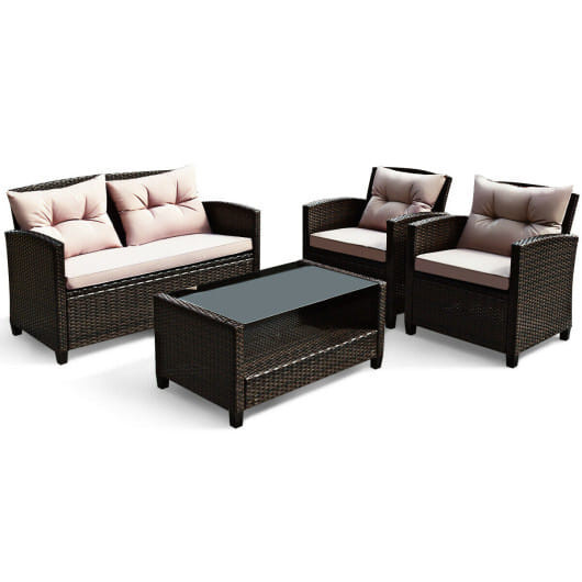 4 Pieces Outdoor Rattan Armrest Furniture Set Table with Lower Shelf-Beige - Color: Beige D681-HW68659BBN+