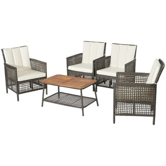 5 Pieces Patio Rattan Furniture Set Cushioned Sofa Armrest Wooden Tabletop-Off White - Color: Off W D681-HW70243WH+