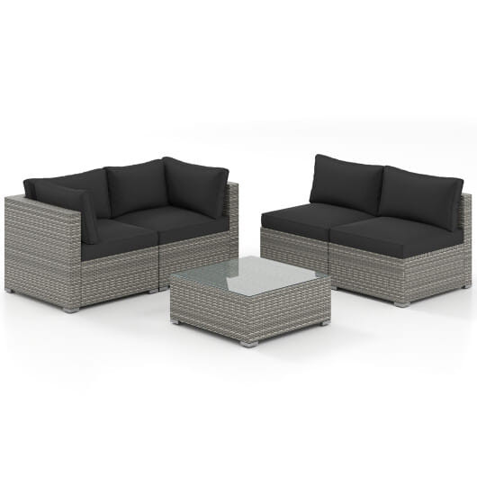5-Piece Outdoor Patio Sectional Sofa Couch and Glass Coffee Table with Cushions-Black - Color: Black D681-HW73141DK+