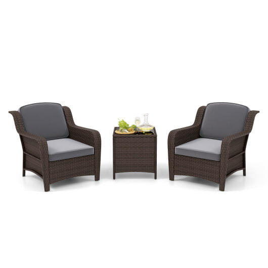 3 Pieces Outdoor Rattan Furniture Set with Cushions and Tempered Glass Coffee Table-Gray - Color: G D681-HW72184GR+