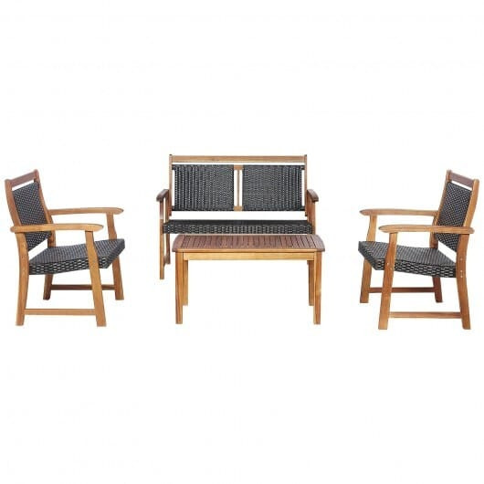 4 Pieces Outdoor Patio Rattan Furniture Sofa Set with Acacia Wood Frame - Color: Brown D681-HW67677