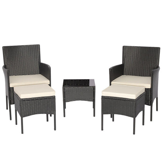 5 Pieces Outdoor Wicker Sofa Set with Coffee Table and 2 Ottomans - Color: White D681-HW70640