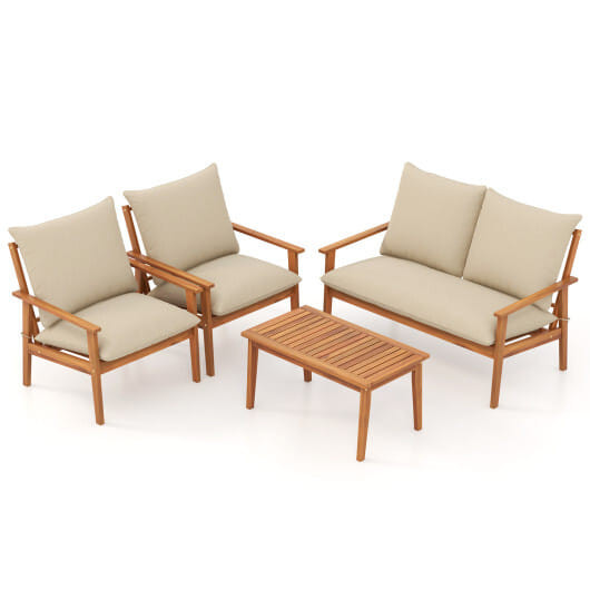 4 Pieces Outdoor Acacia Wood Conversation Set with Soft Cushions and Coffee Table-White - Color: Wh D681-HW72977WH+
