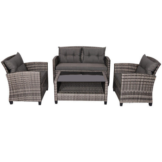4 Pieces Patio Rattan Furniture Set Coffee Table Cushioned Sofa-Gray - Color: Gray D681-HW68647C+