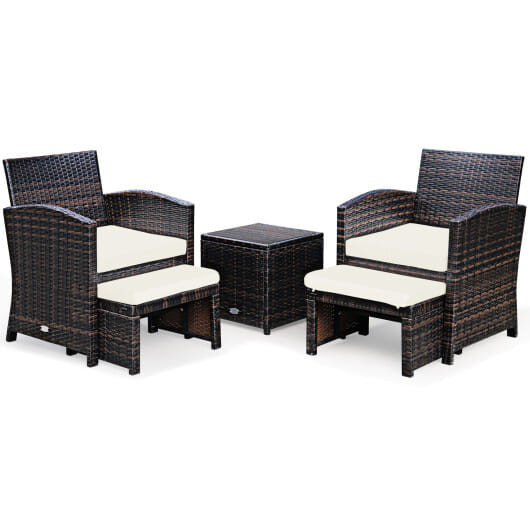 5 Pieces Patio Rattan Furniture Set with Ottoman and Tempered Glass Coffee Table-White - Color: Whi D681-HW67814WH+HW67813WH