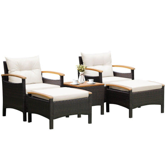 5 Pieces Patio Conversation Set with Cushions Coffee Table and 2 Ottomans - Color: White D681-HW70449+