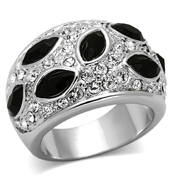 LO2957 - Rhodium Brass Ring with Synthetic Cat Eye in Jet A874-LO2957