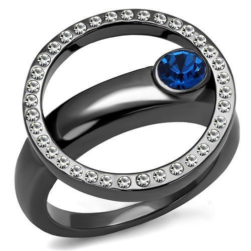 TK2974 - IP Light Black  (IP Gun) Stainless Steel Ring with Top Grade Crystal  in Capri Blue A874-TK2974