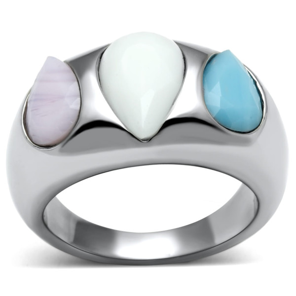 TK690 - High polished (no plating) Stainless Steel Ring with Synthetic Synthetic Glass in Multi Col A874-TK690