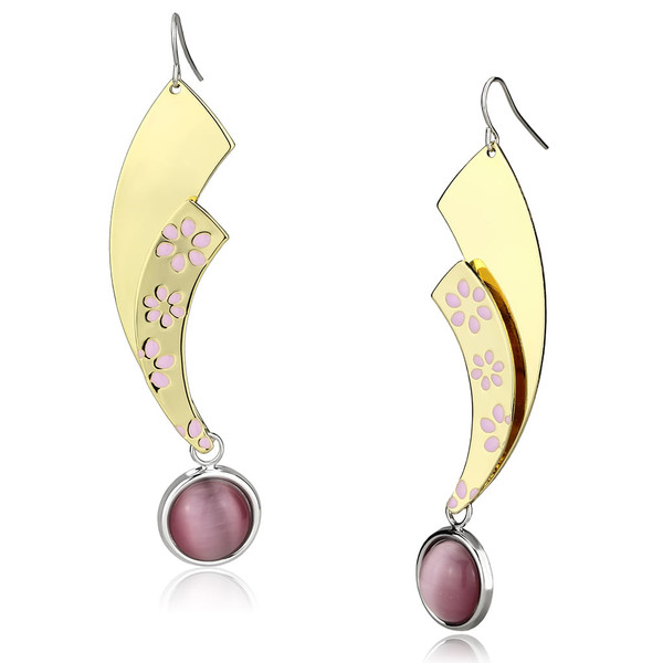 LO2731 - Gold+Rhodium Iron Earrings with Synthetic Cat Eye in Rose A874-LO2731
