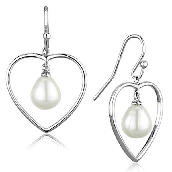 3W630 - Rhodium Brass Earrings with Semi-Precious Pearl in White A874-3W630
