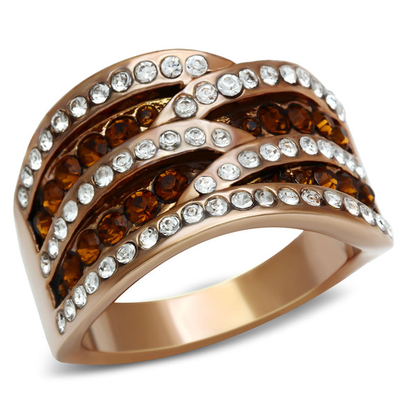 GL217 - IP Rose Gold(Ion Plating) Brass Ring with Top Grade Crystal  in Smoked Quartz A874-GL217