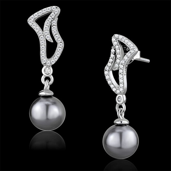 TS479 - Rhodium 925 Sterling Silver Earrings with Synthetic Pearl in Gray A874-TS479